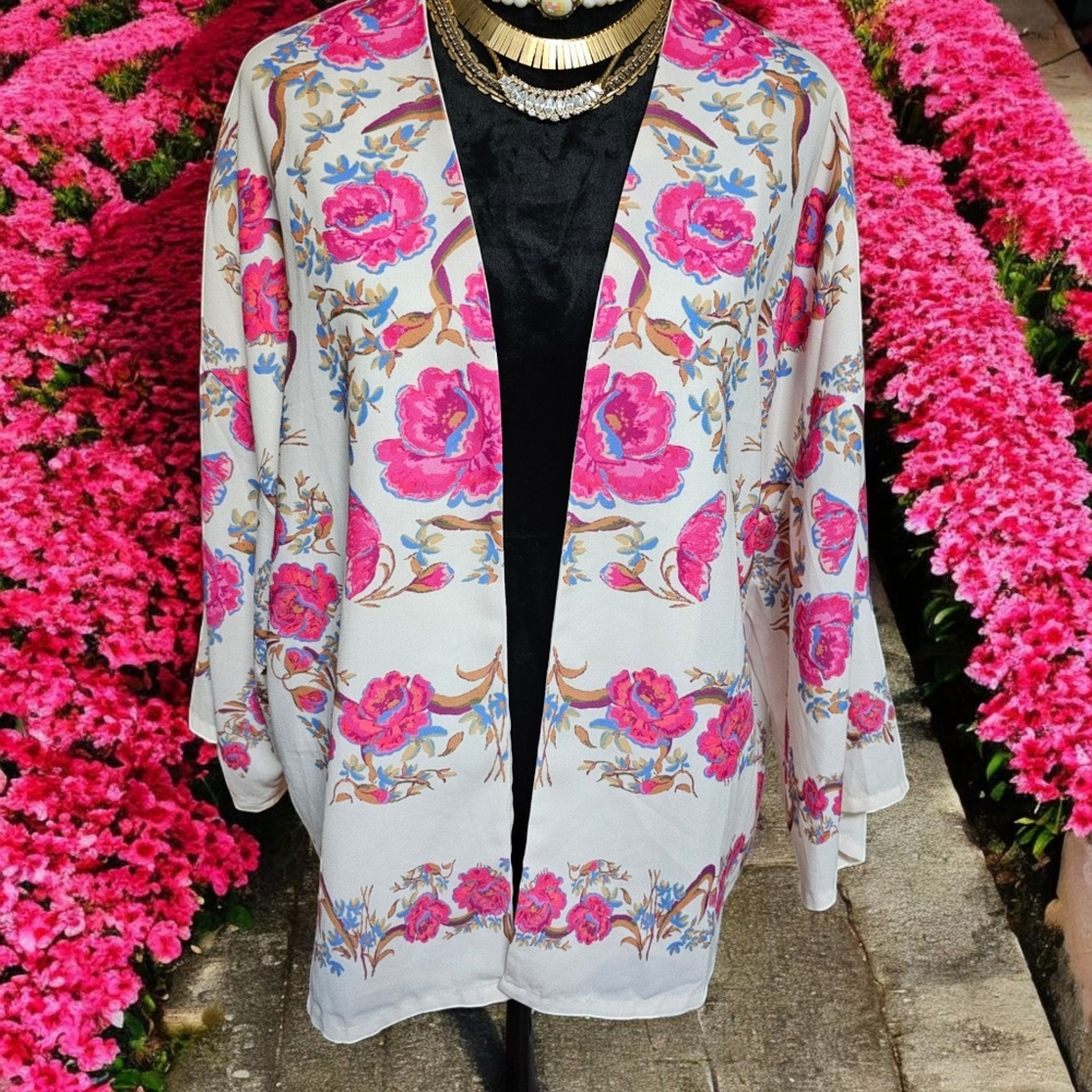 Jealous Tomato Womens Floral Oversized Open Front Kimono Cardigan Size M/L